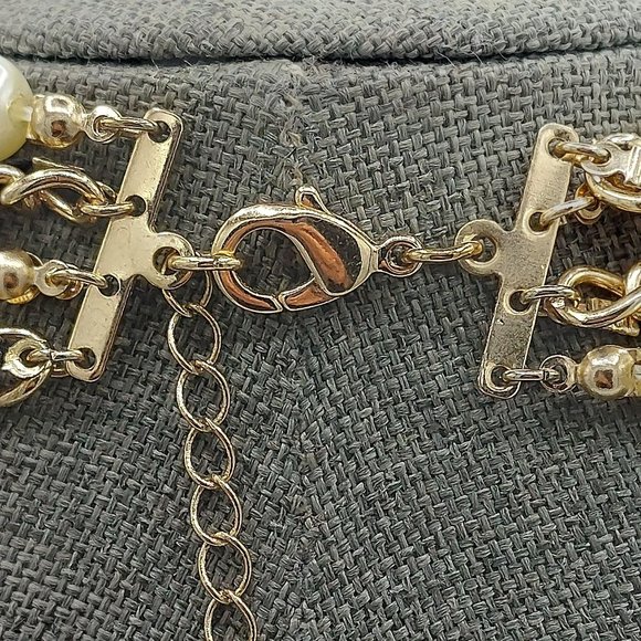 Faux Pearl Necklace 4 Strand Gold Toned Chains Laced - Picture 7 of 9